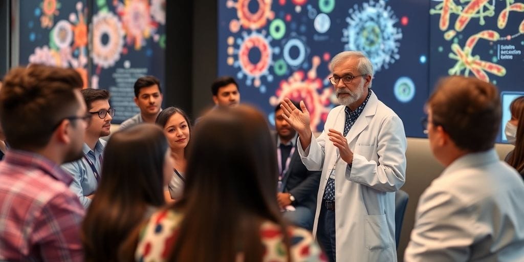 Wissenschaftler diskutiert mit Publikum in einem Konferenzraum.