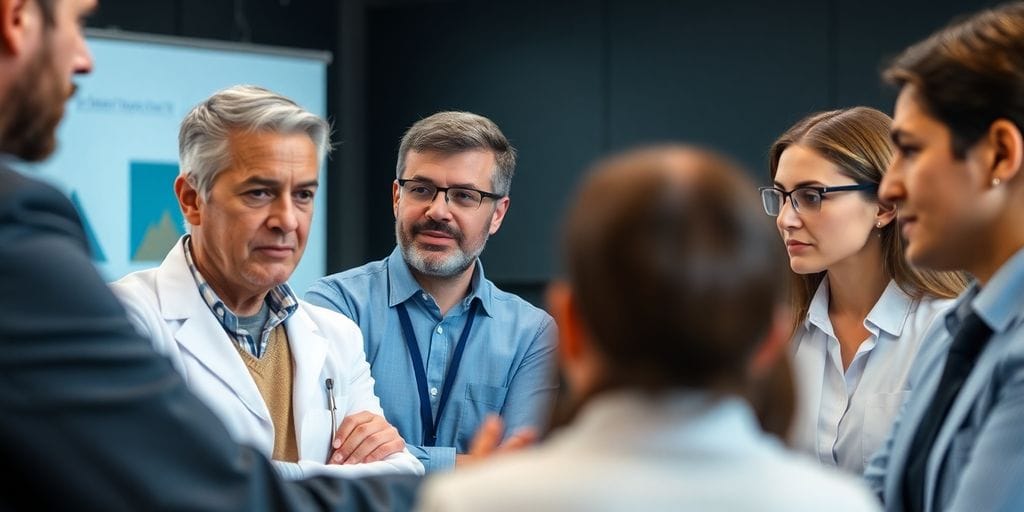 Diskussion von Experten in einem professionellen Umfeld.