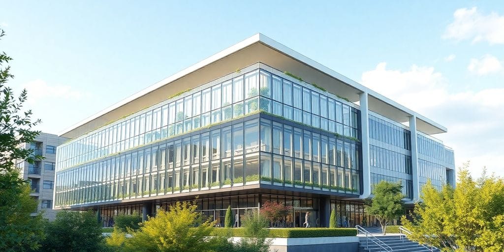 Moderne Forschungsinstitut Gebäude umgeben von Grünflächen.