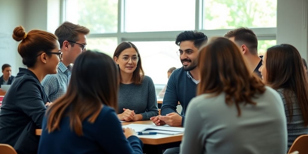Klassenzimmer mit Studenten in Zusammenarbeit und Interaktion.