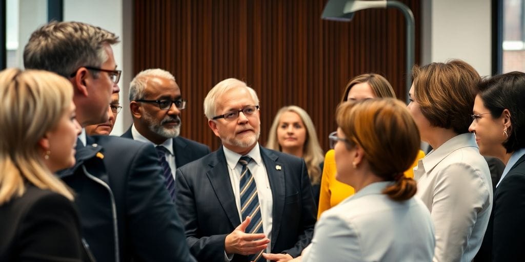 Regierungsbeamte im Gespräch in einem modernen Büro.