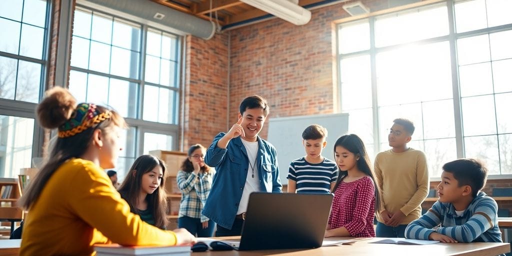 Aktive Schüler in einem modernen Klassenzimmer.