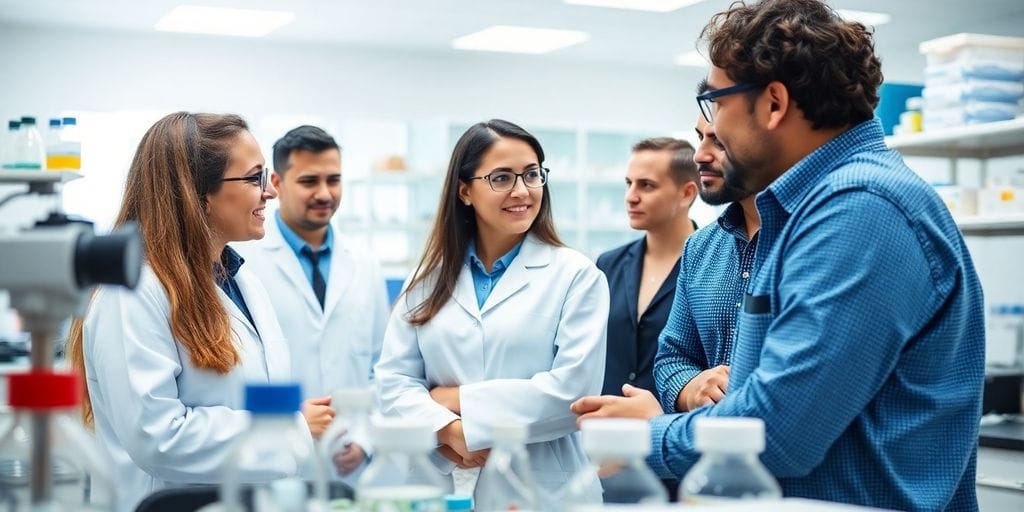 Forschungsumgebung mit Wissenschaftlern und Laborgeräten.