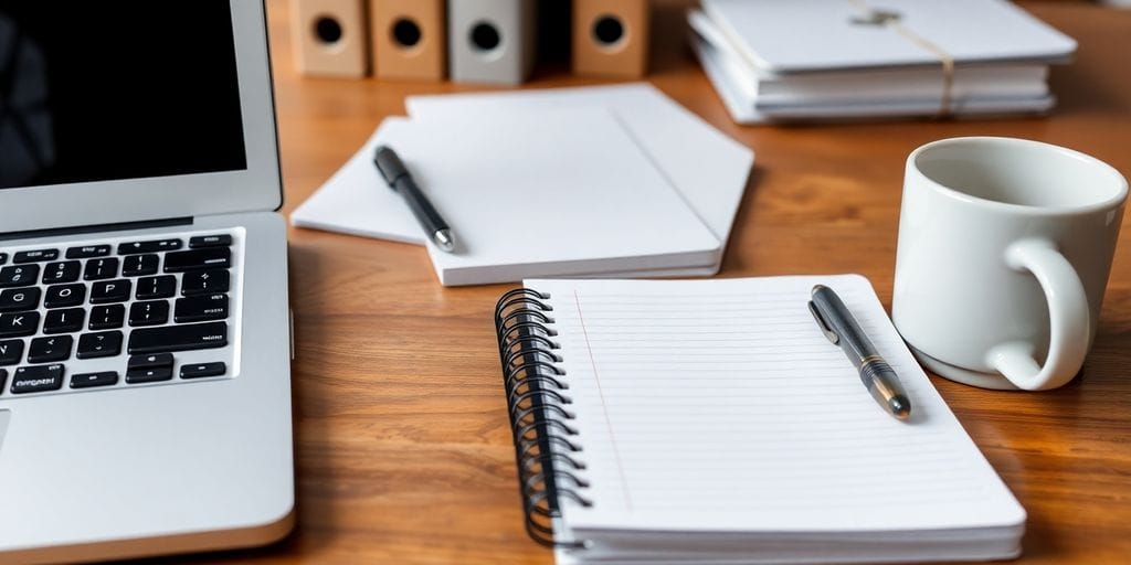 Professioneller Arbeitsplatz mit Laptop und Notizbuch