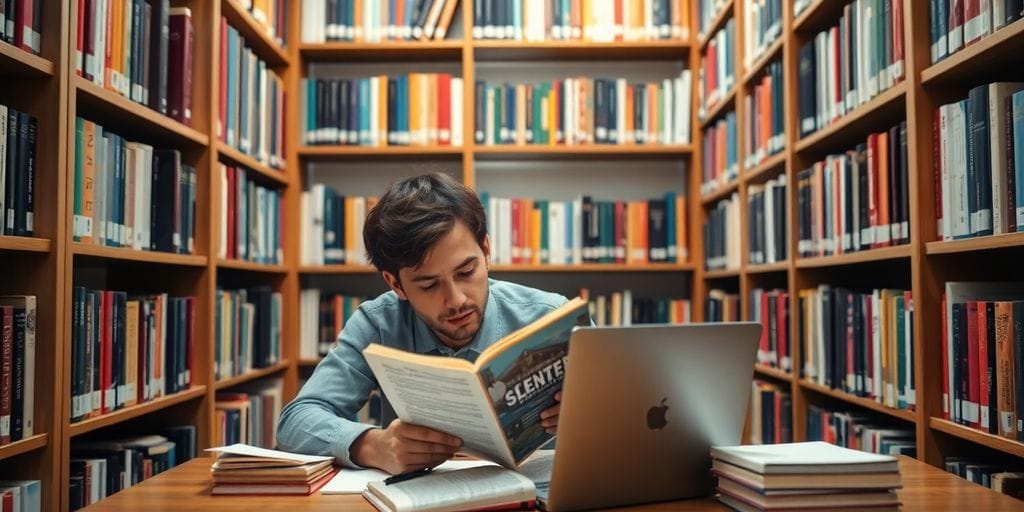 Person liest Fachliteratur in einem gemütlichen Arbeitsbereich.