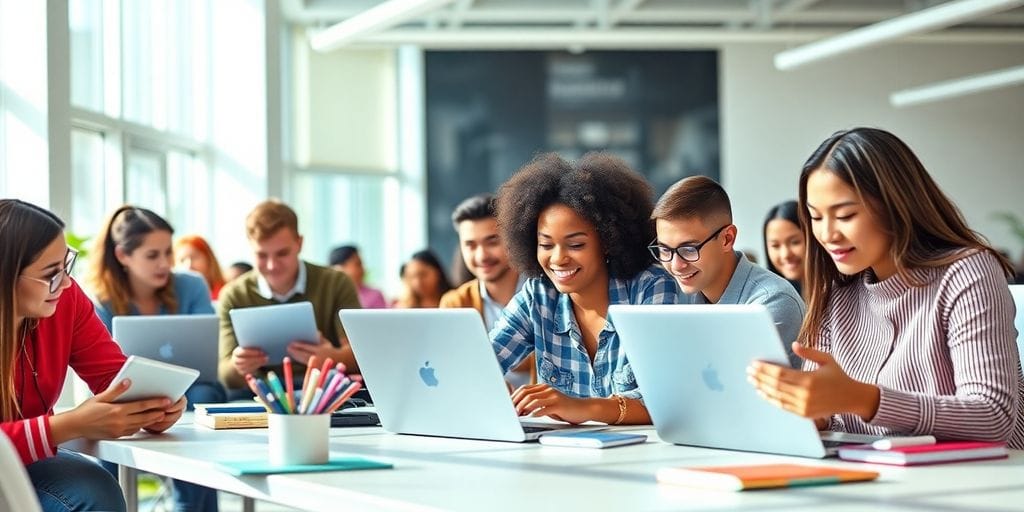 Diverses Lernen mit digitalen Ressourcen in einem modernen Raum.