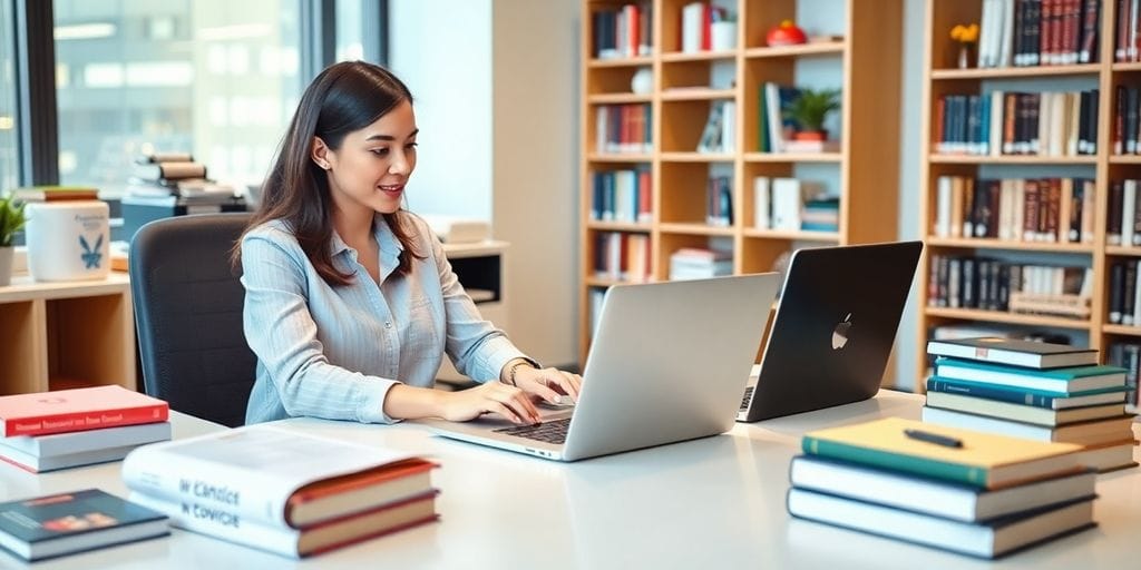 Professionelle Person am Laptop in einem modernen Büro.