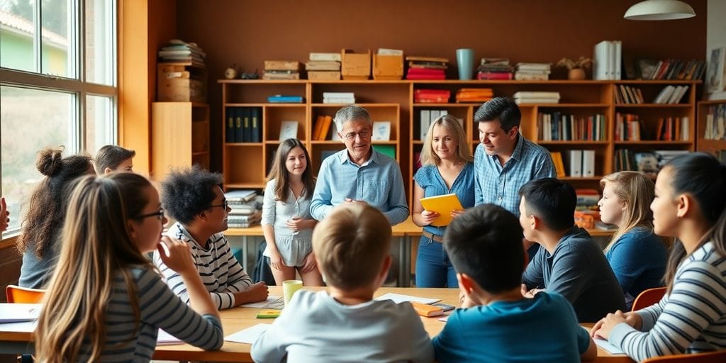 Ein Klassenzimmer mit aktiven Schülern und Lehrern.